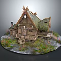 Traditional Wooden House With Gabled Green Roof Decorative Spires And Surrounding Grass