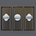 Modern Partition Design With Golden Frame Vertical Slats And Cloud Circle Decor 3d model