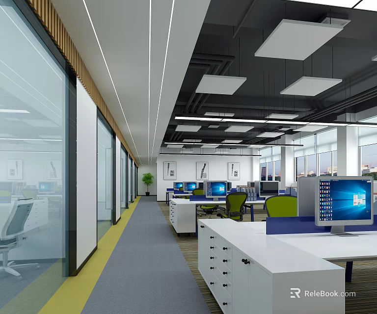 Modern Public Office Space With Glass Partitions White Desks Green Chairs And Bright Lighting 3d model 