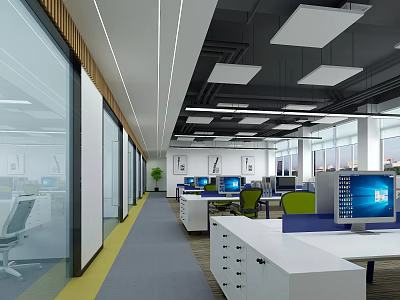 Modern Public Office Space With Glass Partitions White Desks Green Chairs And Bright Lighting 3d model