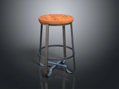 Modern Round Wooden Top Stool With Sturdy Metal Cross Legs Design 3d model