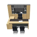 Modern Office Desk Setup With Wooden Desktop Two Black Chairs And Glass Door Cabinet