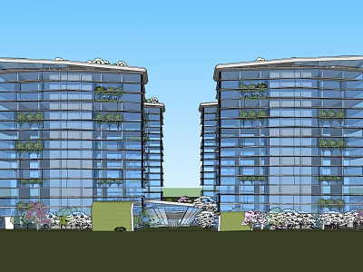 Modern High Rise Residential Building With Glass Curtain Walls And Green Plants 3d model