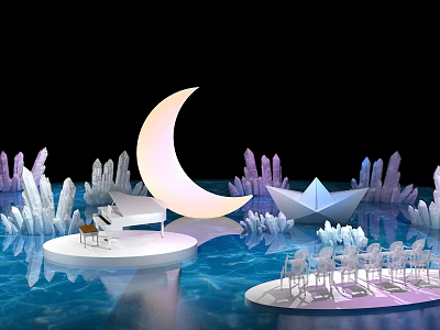 Enchanting Night Scene With Crescent Moon Crystal Formations Paper Boat Piano And Chairs On Water 3d model