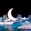 Enchanting Night Scene With Crescent Moon Crystal Formations Paper Boat Piano And Chairs On Water