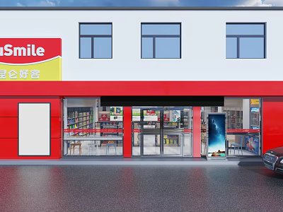 Vibrant Red Streetside Convenience Store Exterior With Clear Glass Entrance And Neat Product Display Shelves 3d model