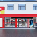 Vibrant Red Streetside Convenience Store Exterior With Clear Glass Entrance And Neat Product Display Shelves