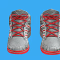 Gray High Top Athletic Shoes With Red Laces And Red White Stripes On Red Soles