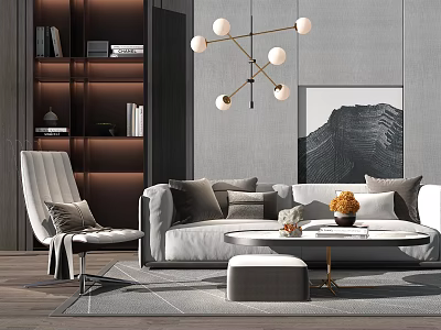 Modern Living Room Sofa Coffee Table Set With Throw Pillows Artwork And Chandelier 3d model
