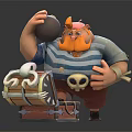 Pirate Game Character With Red Beard Yellow Hat Holding Cannonball And Open Treasure Chest