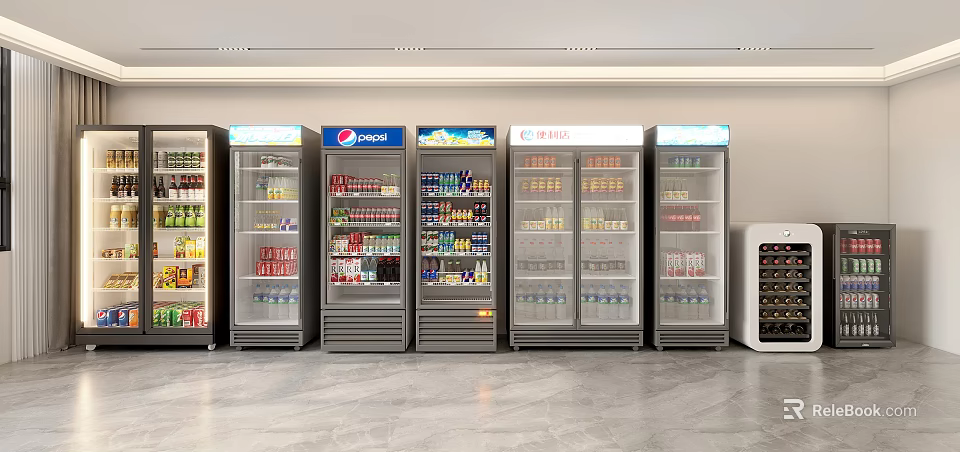 Row of Commercial Refrigerators Freezers with Glass Doors Pepsi Beverage 3d model 