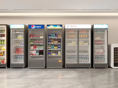 Row of Commercial Refrigerators Freezers with Glass Doors Pepsi Beverage 3d model