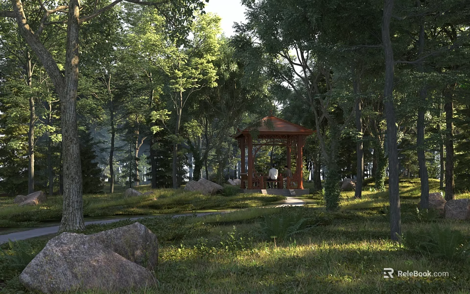 Tranquil Park Landscape With Tall Trees Wooden Gazebo Winding Path And Lush Grass 3d model 