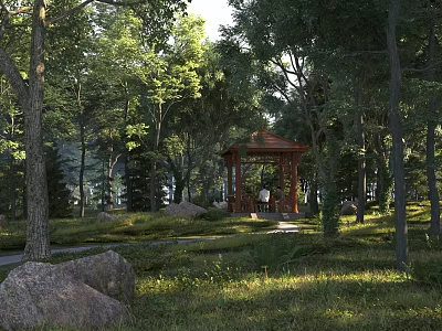 Tranquil Park Landscape With Tall Trees Wooden Gazebo Winding Path And Lush Grass 3d model