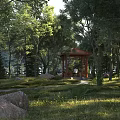 Tranquil Park Landscape With Tall Trees Wooden Gazebo Winding Path And Lush Grass