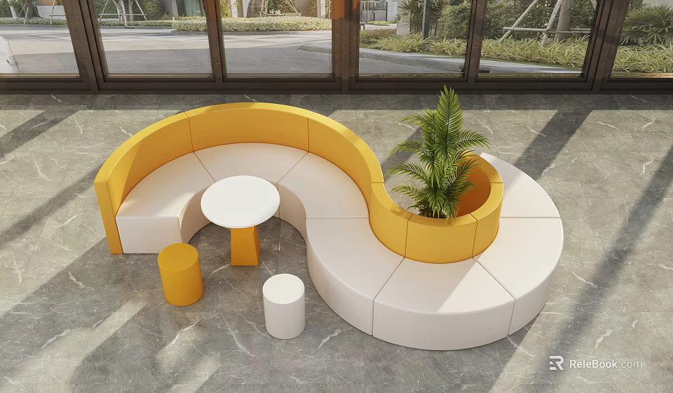 Public Seating Curved Yellow White Design With Small Round Table Green Plant Modern Indoor Space 3d model 