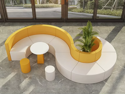 Public Seating Curved Yellow White Design With Small Round Table Green Plant Modern Indoor Space 3d model