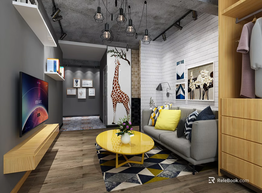 Industrial Style Living Room With Bright Yellow Coffee Table Cozy Sofa And Creative Wall Decor 3d model 