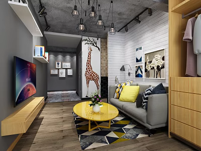 Industrial Style Living Room With Bright Yellow Coffee Table Cozy Sofa And Creative Wall Decor 3d model