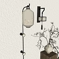 Chinese Style Wall Lamp with Patterned Round Lit Lampshade and Vase on Textured Wall