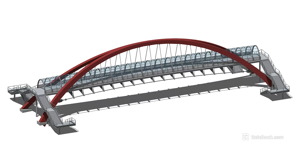 Modern Red Arch Bridge Design With Transparent Deck And Steel Supports 3d model 