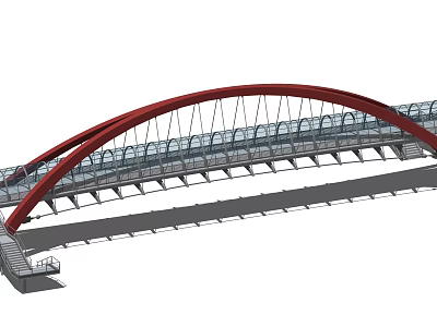 Modern Red Arch Bridge Design With Transparent Deck And Steel Supports 3d model