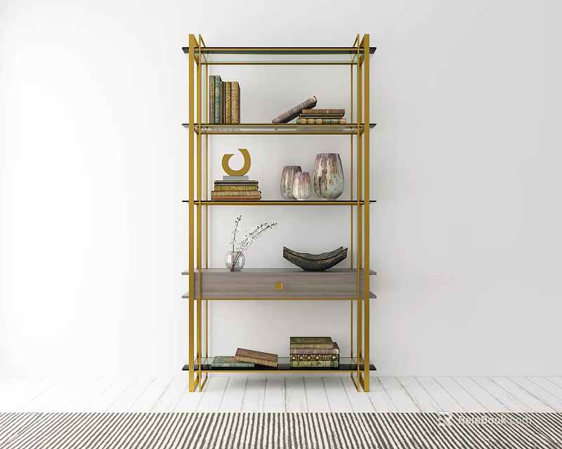 Modern Gold Frame Bookshelf With Multiple Shelves Books Vases And Decorative Items 3d model 