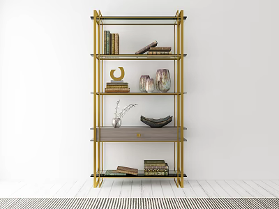 Modern Gold Frame Bookshelf With Multiple Shelves Books Vases And Decorative Items 3d model