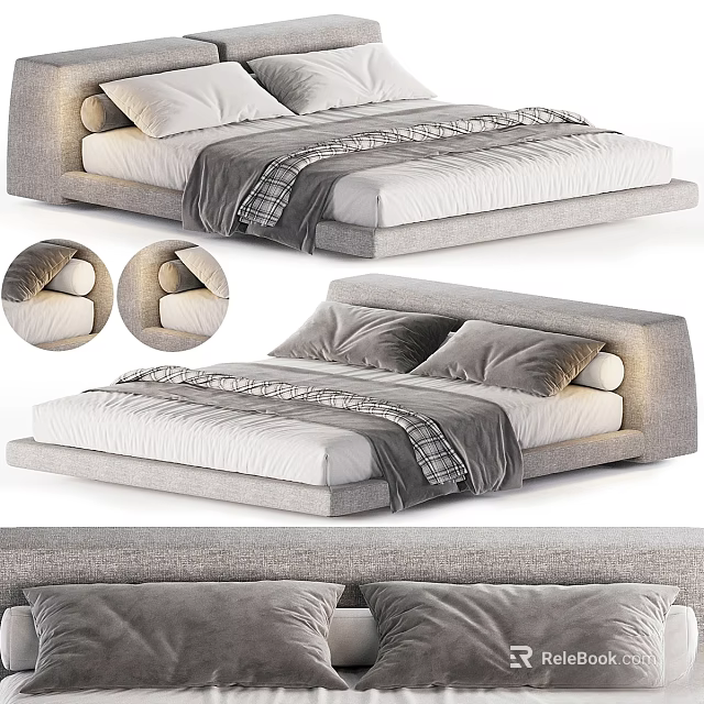 Modern Double Bed Design With Gray Frame White Sheets And Plush Checkered Blanket 3d model 