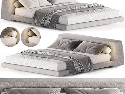 Modern Double Bed Design With Gray Frame White Sheets And Plush Checkered Blanket 3d model