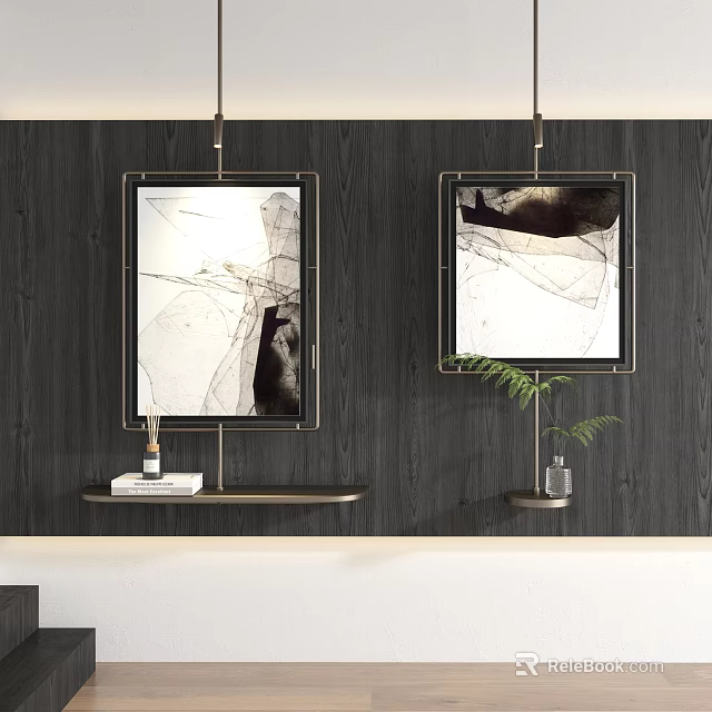 Abstract Paintings With Golden Frames On Dark Wooden Wall And Decorative Shelves With Green Plant 3d model 