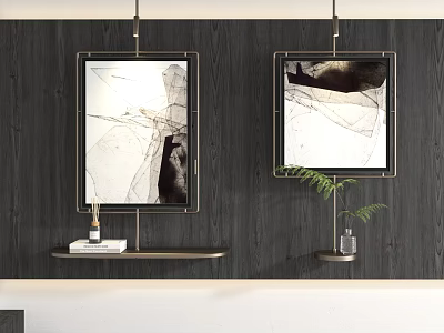 Abstract Paintings With Golden Frames On Dark Wooden Wall And Decorative Shelves With Green Plant 3d model
