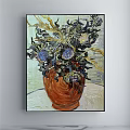 Detailed Botanical Painting Featuring Orange Flowers and Green Leaves in Blue and White Vase