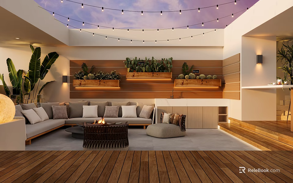Modern Indoor Outdoor Lounge Area With Wooden Deck String Lights And Plant Wall 3d model 