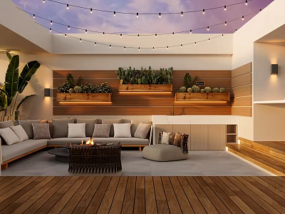 Modern Indoor Outdoor Lounge Area With Wooden Deck String Lights And Plant Wall 3d model