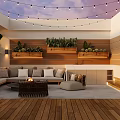 Modern Indoor Outdoor Lounge Area With Wooden Deck String Lights And Plant Wall