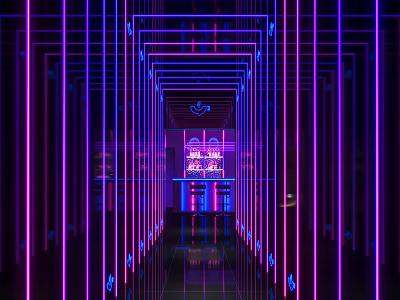 Modern KTV Corridor With Purple Blue Neon Lights Illuminated Lines Signage And Tech Vibe 3d model