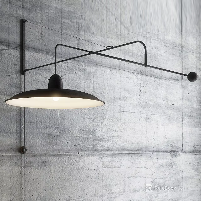 Modern Minimalist Wall Lamp With Black Metal Bracket And White Lampshade Illuminated On Concrete Wall 3d model 
