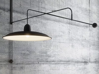 Modern Minimalist Wall Lamp With Black Metal Bracket And White Lampshade Illuminated On Concrete Wall 3d model