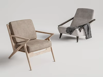 Modern Minimalist Accent Chairs With Wooden Frame Light Gray Fabric Upholstery And Throw Blanket 3d model
