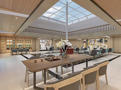 Bright Spacious Lounge Area With Wooden Ceiling Skylight And Comfortable Tables Chairs 3d model