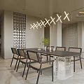 Modern Dining Room Interior With Rectangular Table Rattan Chairs Linear Pendant Lights And Green Plant 3d model