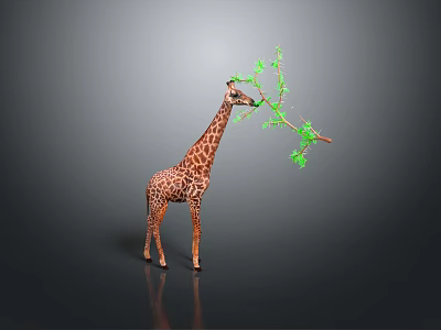 Giraffe Game Movie Character Eating Green Leafy Branch In Animated Scene 3d model