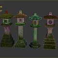 Moss Covered Traditional Japanese Stone Lanterns With Stone Bases And Classic Design