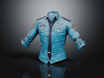 Fashionable Blue Denim Shirt With Tie Badges And Rolled Cuffs Design 3d model