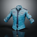 Fashionable Blue Denim Shirt With Tie Badges And Rolled Cuffs Design