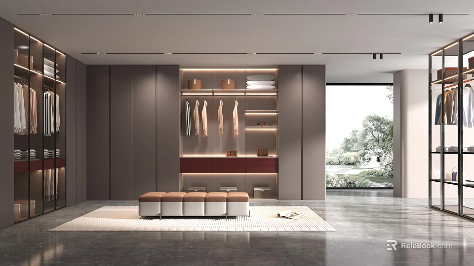 Modern Walk in Closet Interior With Storage Lighting And Bench 3d model