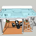 Modern Metal Frame Gazebo with Wooden Floor Black Chairs and Flower Pots