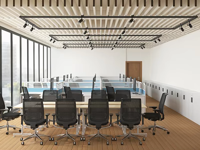 Modern Public Office Space With Open Layout Wooden Ceiling Slats Large Windows And Ergonomic Chairs 3d model