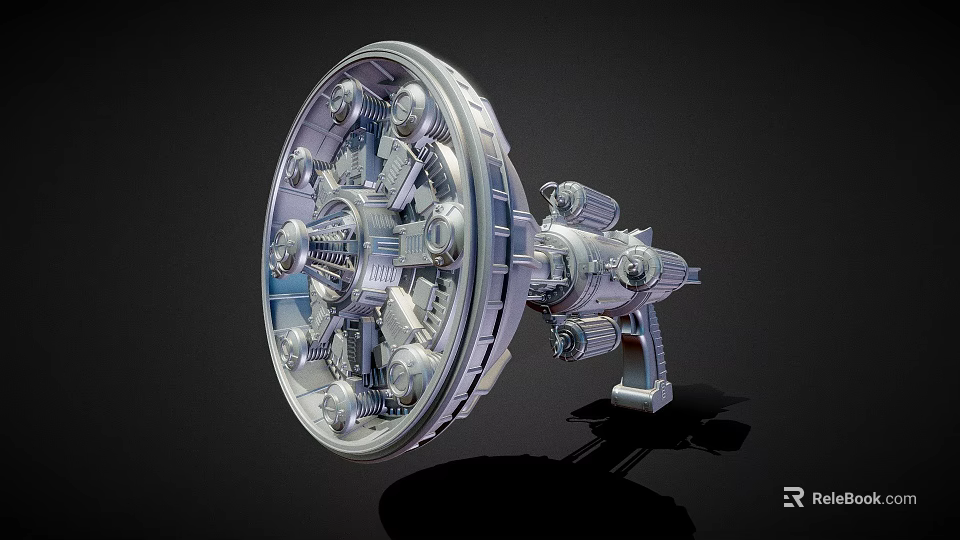 Futuristic Sci Fi Weapon with Metallic Circular Structure Multiple Components and Launch Mechanism 3d model